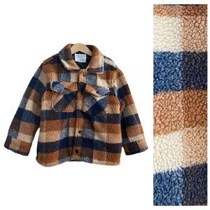 Zara Brown Blue Plaid Jacquard Sherpa Fleece Jacket 6